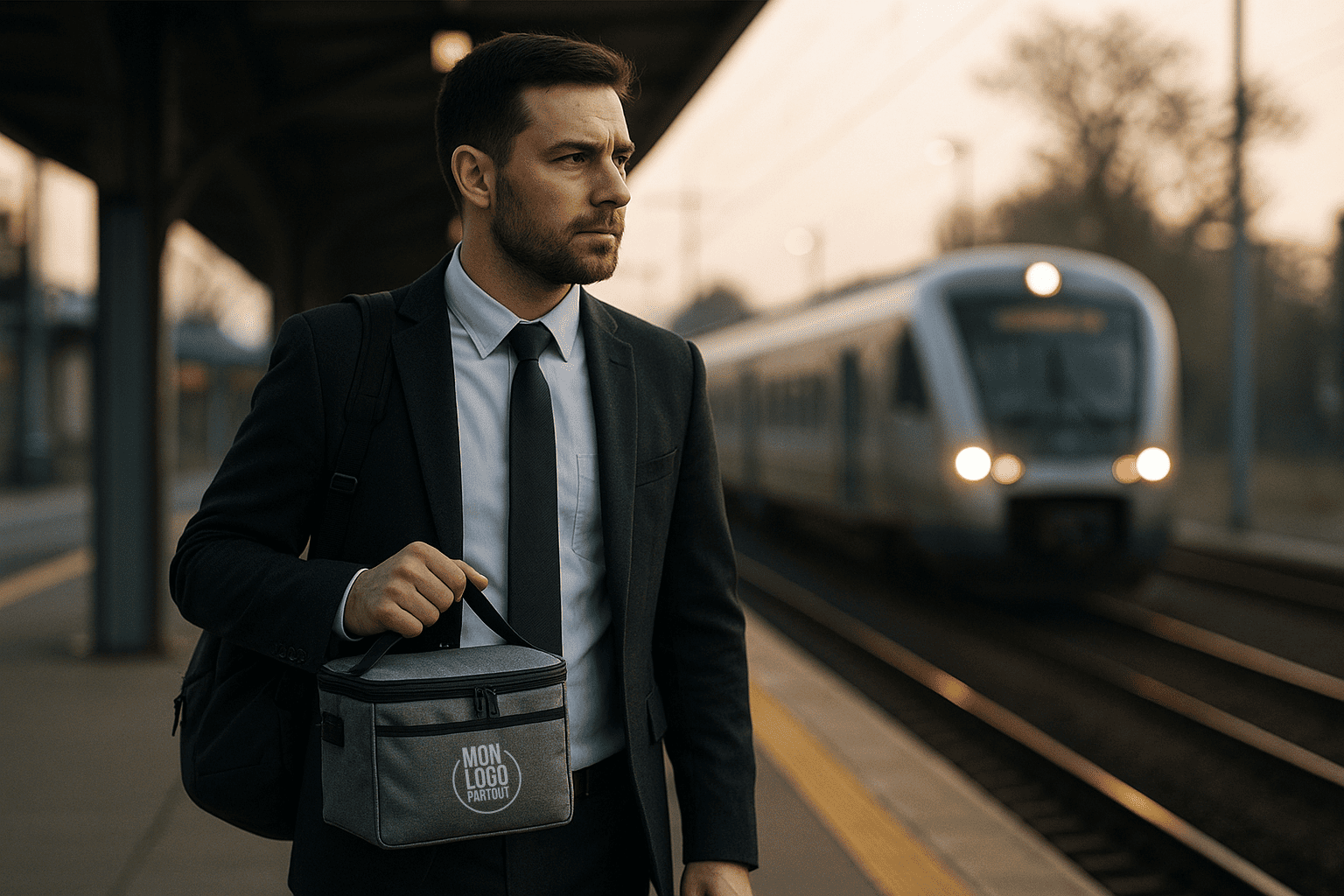 Homme se rendant au travail avec son lunch bag